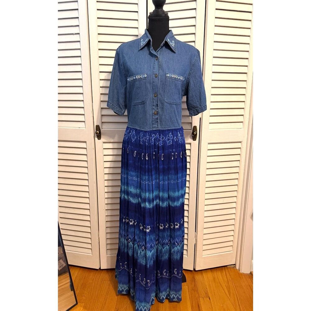 Vintage 90's Stonebridge Blue Denim Embroidered Maxi Dress Size L Cottagecore